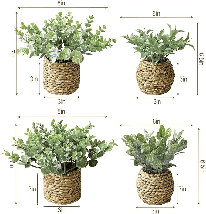 Small Fake Potted Plants: 7 Inches Artificial Plants with Seagrass Handwoven Planters, Indoor Farmhouse Decorations, Eucalyptus Plant for Home Bathroom Office Shelf Tabletop Desk Room Decor or Gift