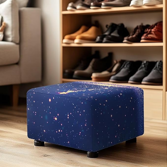 Blue Christmas Tree Ottoman Cover Rectangular Ultra Soft Stretch Ottoman Slipcover Easy Install Rectangle Storage Footstool Covers Furniture Protector for Living Room Decor Size S