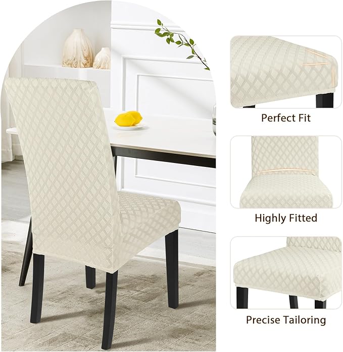 SearchI Dining Room Chair Covers Set of 4, Stretch Jacquard Parsons Chair Slipcovers Super Fit Removable Washable Kitchen Chair Protector Cover for Dining Room, Hotel, Ceremony (Cream)
