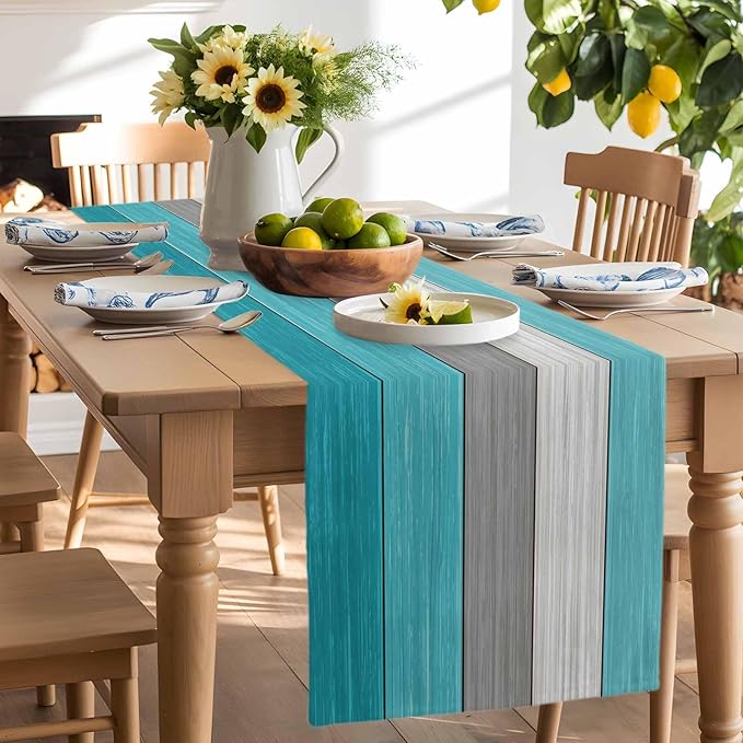 Vandarllin Farmhouse Cotton Linen Table Runner Dresser Scarf Retro Rustic Barn Wood Texture Ombre Aqua Blue Gray Non-Slip Rectangle Settings Decoration for Kitchen Home Dining Holiday,72 inches Long