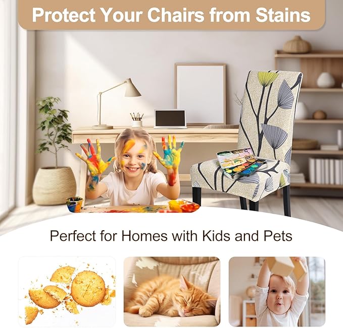 SearchI Dining Room Chair Covers Set of 4, Stretch Printed Parsons Chair Slipcovers Spandex Removable Washable Kitchen Chair Protector Cover for Dining Room, Hotel, Ceremony(Dandelion Pattern)