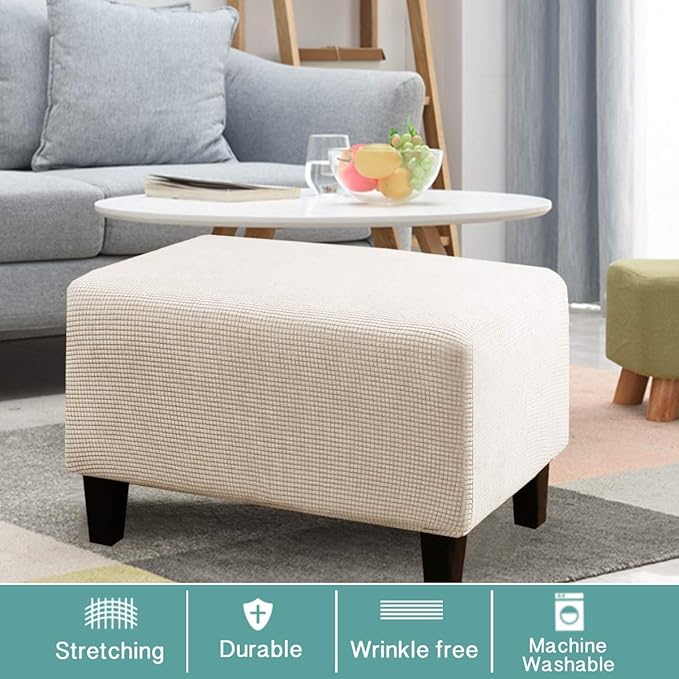 Turquoize Stretch Ottoman Cover Ottoman Slipcover Sofa Cover Footstool Protector Storage Ottoman Covers Furniture Protector Soft Rectangle slipcover with Elastic Bottom (Large, Biscotti Beige)