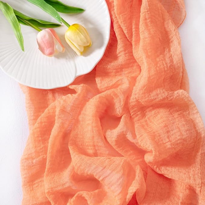 Socomi Peach Orange Valentine's Day Gauze Cheesecloth Table Runner 120 Inch Rustic Boho Cheese Cloth Runner for Wedding Party Baby Bridal Shower Centerpiece Decoration Holiday Home Decorations