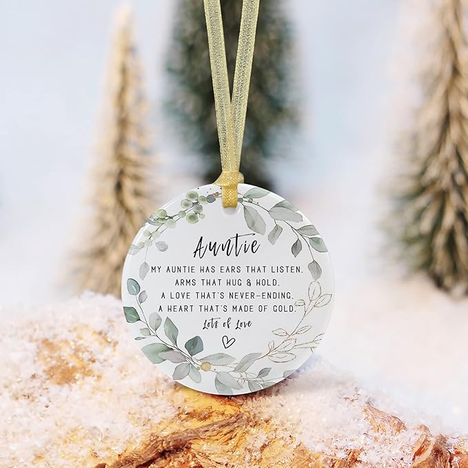 Auntie Christmas Ornament Gift 2025 Auntie Pregnancy Keepsake Round Ceramic Design Hangs on Christmas Trees, Refrigerators, or Windows Includes Gift Box with Greeting Card (Approx. 7.4 cm Diameter)