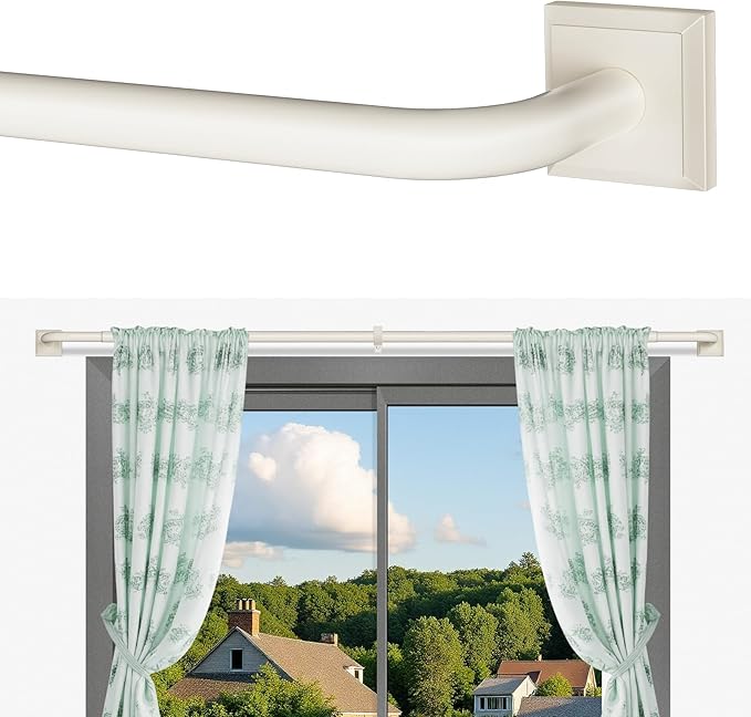 Beige White Curtain Rods for Windows 66-152Inch(5.5-12.7ft) Heavy Duty Wrap Around Blackout Curtain Rods, Extra Long Adjustable Room Darkening Drapery Rod for Bedroom, Living Room & Outdoor Patio