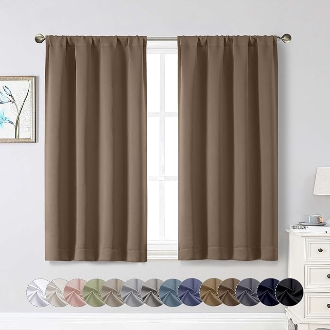 Brown Room Darkening Curtains for Bedroom Living Room 45 Inch Length 2 Panels Set, Soft Solid Thermal Insulated Rod Pocket Short Curtains Drapes, Brown, 2PCS Each 40" Wx45 L