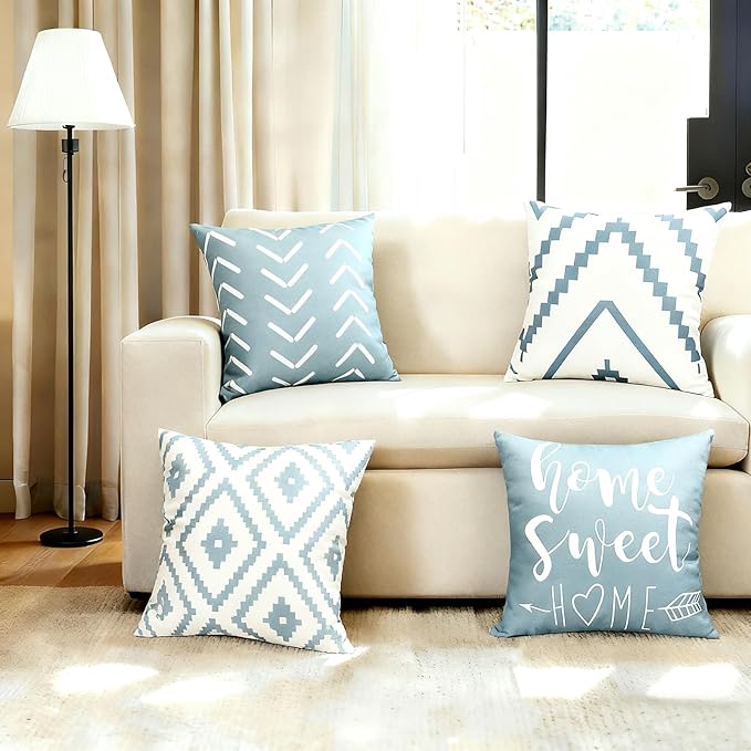 Decorative Throw Pillow Covers 20x20 inch Set of 4 Sky Blue Pillow Covers for Couch Sofa Bed Living Room,Farmhouse Outdoor Throw Pillow Cover,Modern Geometric Linen Square Throw Pillow Cases