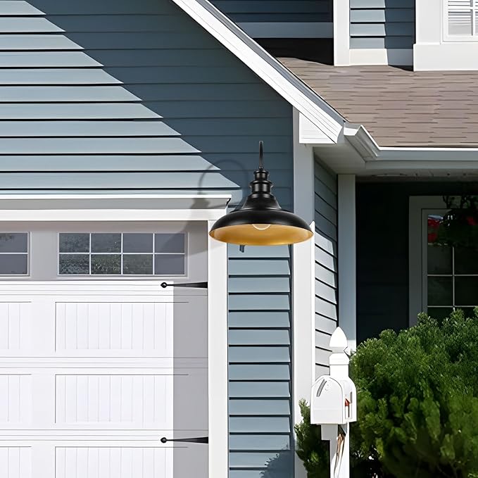 Outdoor Barn Light Fixtures, 16 Inch Large Dome Farmhouse Exterior Wall Mount Lights, Rustic Wall Sconces Indoor Wall Lighting, Industrial Black Gold Lanterns for Porch, Garage, 2 Pack