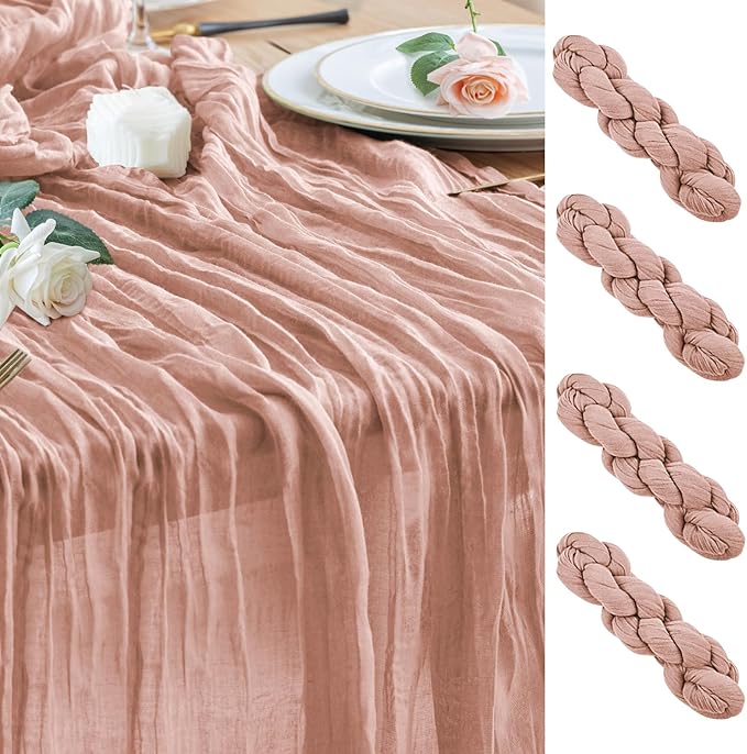 Wokceer Cheesecloth Table Runner 4Pack 10FT Dusty Pink Boho Gauze Fall Christmas Cheese Cloth Table Runner for Party Easter Rustic Sheer Table Runners for Baby Bridal Shower Wedding
