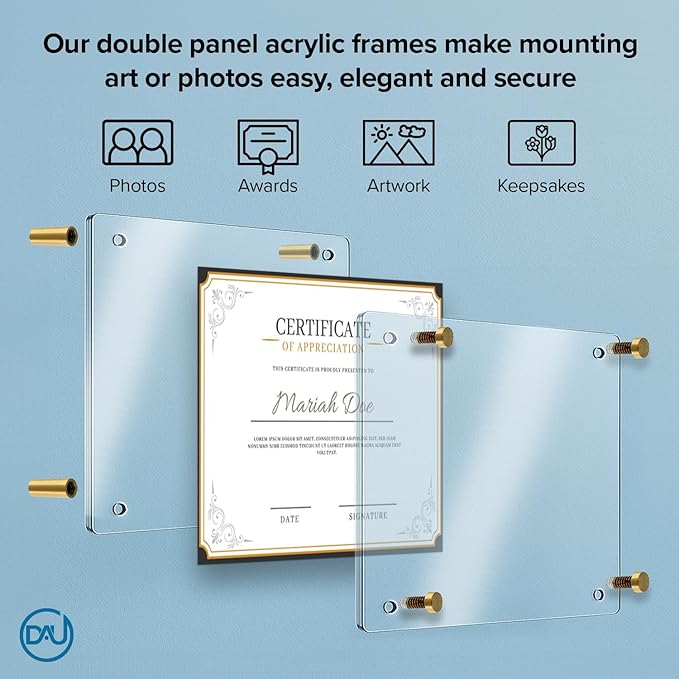 Acrylic Floating Frames Gold Standoffs(2-pack) 8" x 10" Clear Acrylic Frames for Wall Mount Floating Picture Frame, Diploma Poster Certificate Hanging Photo Display Degree Prints Artwork Documents