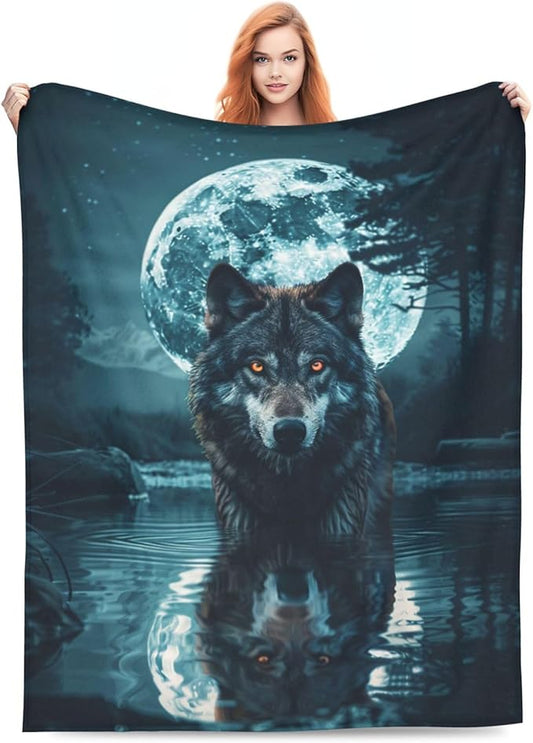 Wolf Moon Decor Throw Blanket - Super Cozy Plush Lightweight Soft Flannel Fleece Cool Blanket for Sofa Bed Couch - Gifts for Wolf Lovers Girls Boys Kids Women Men - 50"X60"