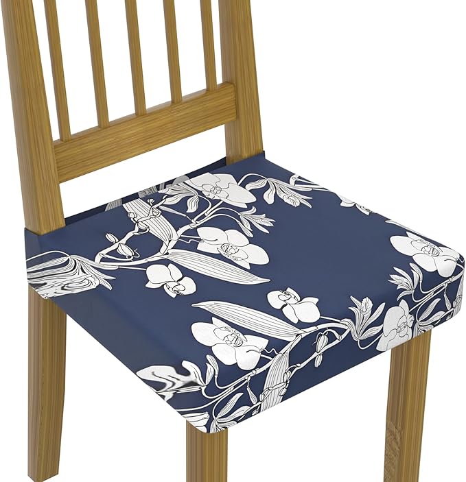 Stretch Dining Chair Seat Covers Set of 4,Dining Chair Slipcovers, Floral Printed Chair Covers,Soft Fabric Washable Upholstered Chair Seat Protector, No Rear Covers for Home Kitchen Dining Room