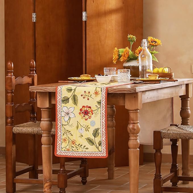Rectangle Yellow and Orange Table Runner 71 Inches Long,Vintage Rustic Farmhouse Linen Floral Table Runners,Fall Decorations for Home Thanksgiving Christmas Party.12*71"-Bellano