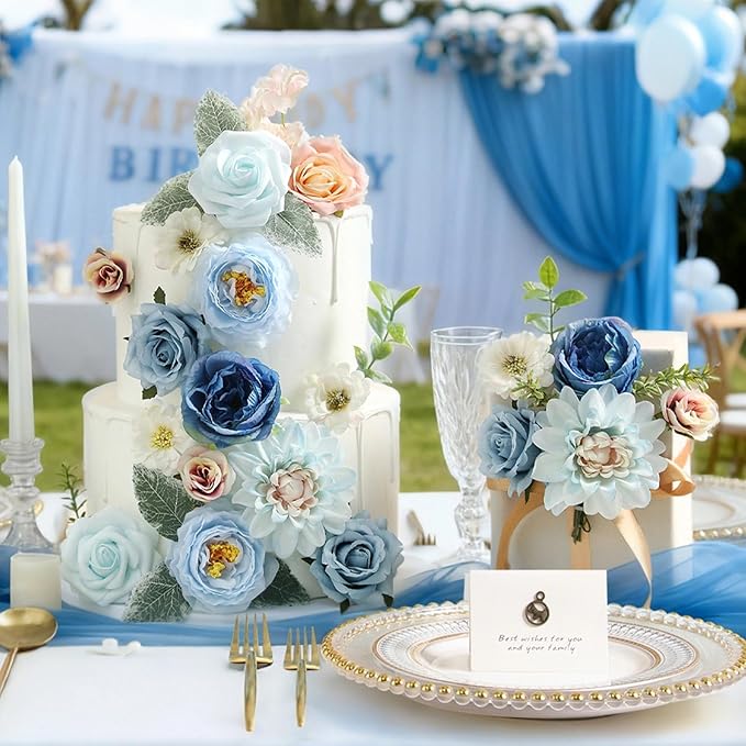 Artificial Flowers Box Blue Pink Silk Fake Rose for DIY Wedding Bridal Bouquets Cake Floral Arrangement Table Centerpieces Baby Shower Birthday Party Home Decor