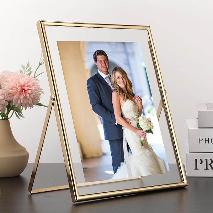 Gold 8x10" Floating Picture Frame Fits(5x7'',6x8"&7x9") Photos Adjustable TabletopShelf Display Premium Gift picture frame 5x7'' for Wedding,Thanksgiving,Christmas Home & Office Decor