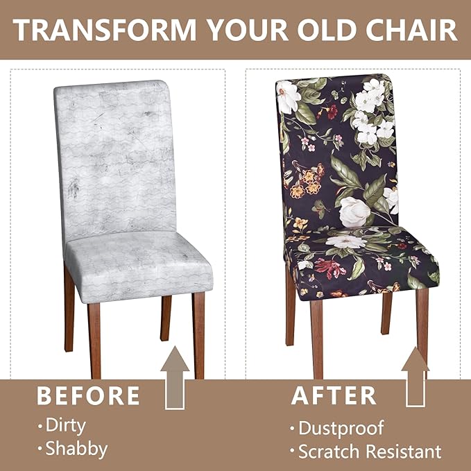 Stretch Dining Chair Covers Set of 6,Floral Print Chair Covers,Soft Removable Washable,Pet Friendly Furniture Protector,Universal Chair Slipcovers for Home, Kitchen,Ceremony Dining Room Seat