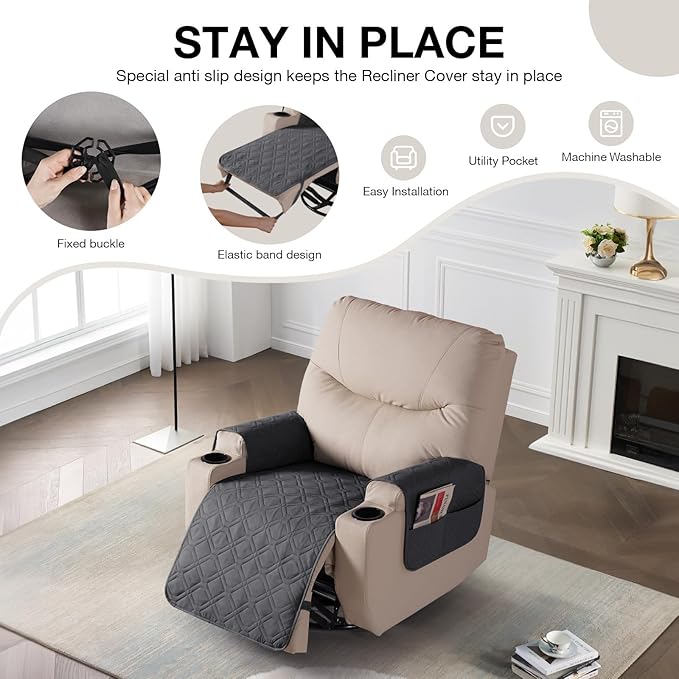 VANSOFY Recliner Chair Covers 100% Waterproof Seat Cover with Arm Reclining Cover Non-Slip Recliner Chair Covers Furniture Protector Washable Slipcover with Pocket for Pets, Dogs(Charcoal Gray, 28")