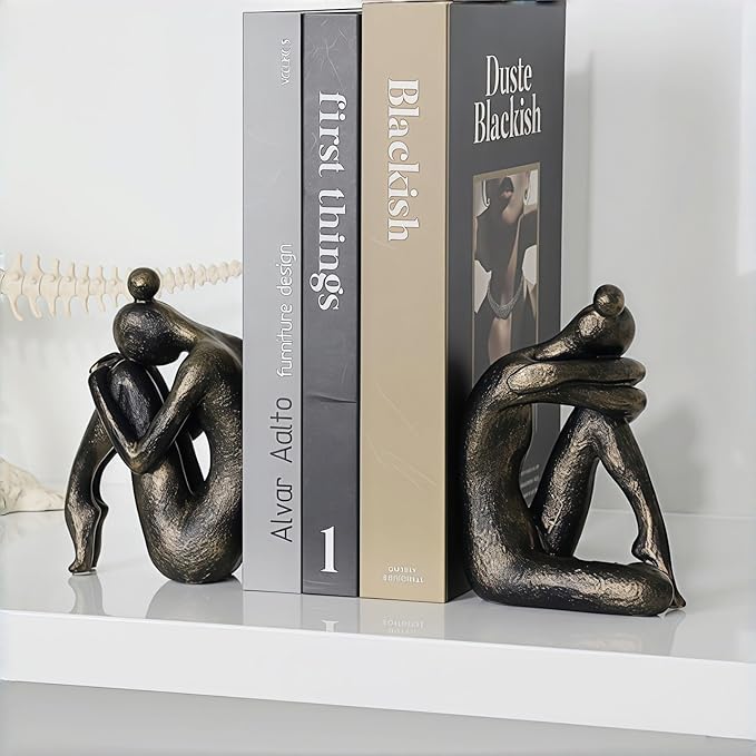 Decorative Resin Bookends for Shelves - Heavy Duty Book Ends Holder, Stopper for Office Desk, Bookshelf Organizer, Book Support (2 Pack)
