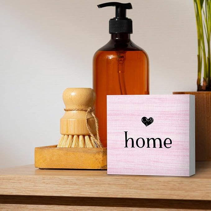 Home Sign, Home Signs for House Decor, Welcome Sign, Rustic Farmhouse Desk Decor Wood Block Box Plaque for Living Room Wall Shelf, Housewarming Gifts (Pink)