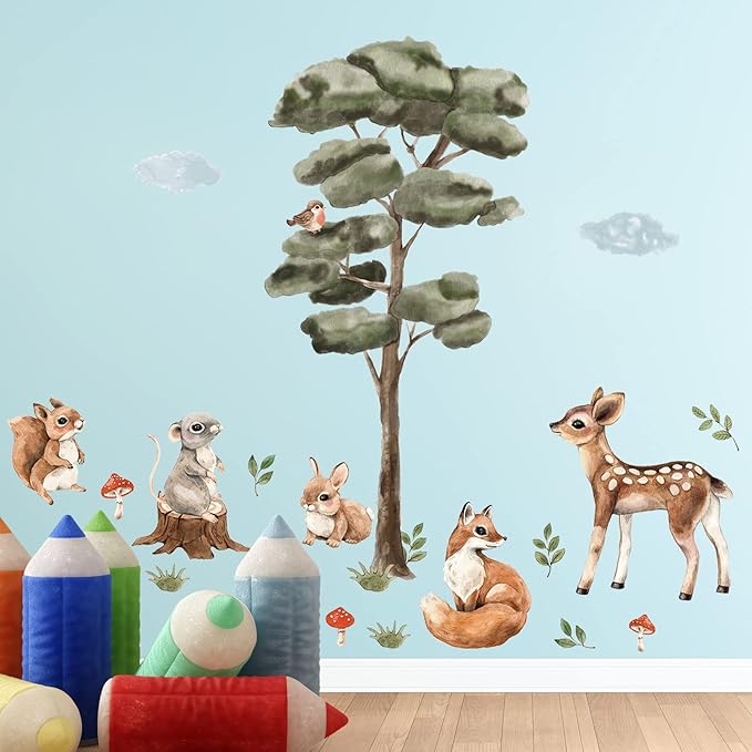 Amaonm 2 Sheet of 12x24 inch Watercolor Forest Tree Wall Decal Woodland Deer Squirrel Fox Wall Stickers 3D DIY Peel and Stick Jungle Wild Animal Pine Wall Decor for Kids Boys Bedroom Playroom Living Room Classroom Decoration (Tree animal)