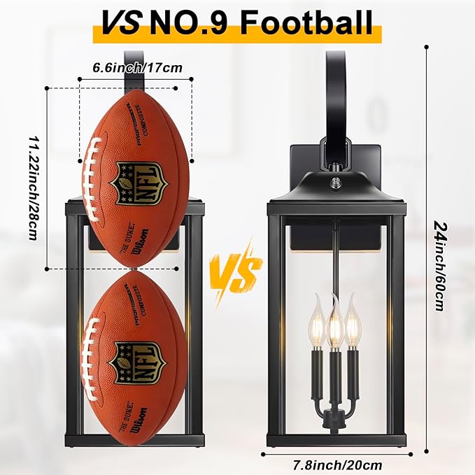 24" Extra Large Dusk to Dawn Outdoor Wall Light, Black 3-Light Waterproof Exterior Wall Mount Porch Lantern, Modern Outside Wall Sconce Coach Light with Clear Glass, E12, 1-Pack