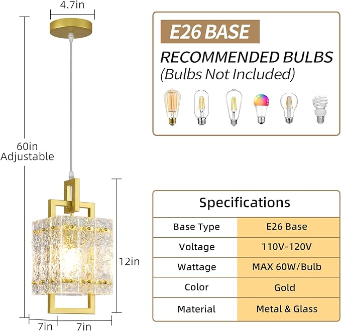 Gold Pendant Light Fixture - Modern Kitchen Island Water Ripple Glass Square Light - Adjustable Hanging Lighting for Kitchen Dining Room Over Island - 1 Pack