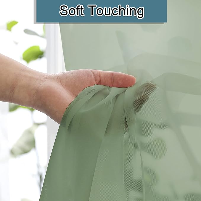 Lecloud Sage Green Sheer Curtains 72 Inches Long 2 Panels Set, Rustic Voile Window Treatments for Bedroom Living Room, Dual Rod Pocket Window Curtain Drapes for Yard/Patio/Villa/Parlor, 40" W x 72" L