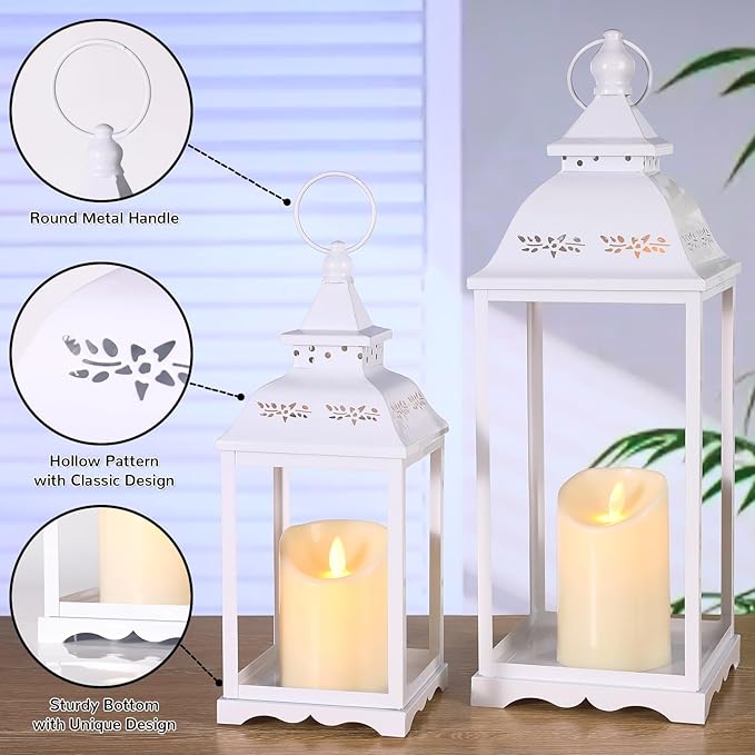 2 Pack Lanterns Decorative Indoor, White Farmhouse Outdoor Lantern for Porch, 17'' 12'' Floor Lantern Decor (no Glass) with 2PCS LED Flameless Candles for Wedding Home Table Front Door