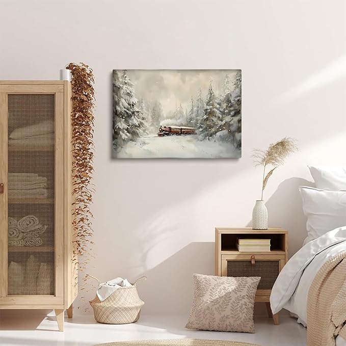 Rustic Farmhouse Christmas Train Scene - 24x36inch Framed Wall Art for Bedroom Office Decor