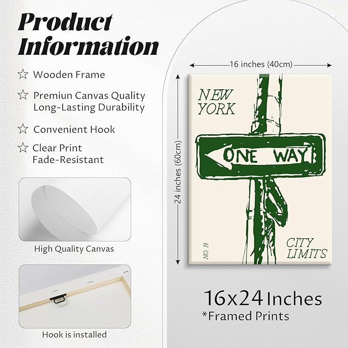 New York City Wall Art Nyc Canvas Wall Decor Vintage New York Pictures Poster Trendy Minimalist Wall Art Retro Prints New York City Painting Modern Artwork for Living Room 16x24x2 Inch Framed