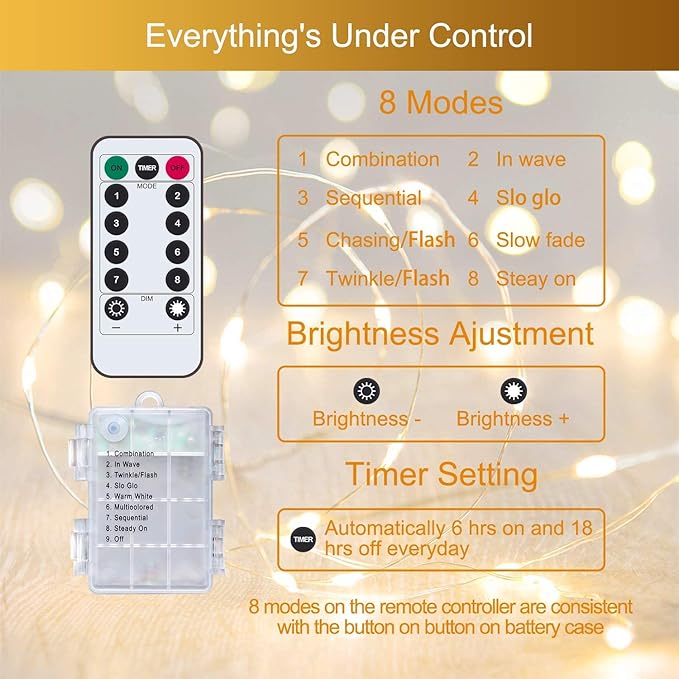 Metaku 2 Pack 33Ft 100 LED Fairy Lights Battery Operated String Lights with Remote Timer, LED Twinkle Lights for Bedroom, Party, Wedding, Centerpiece, Christmas Tree (Warm White)