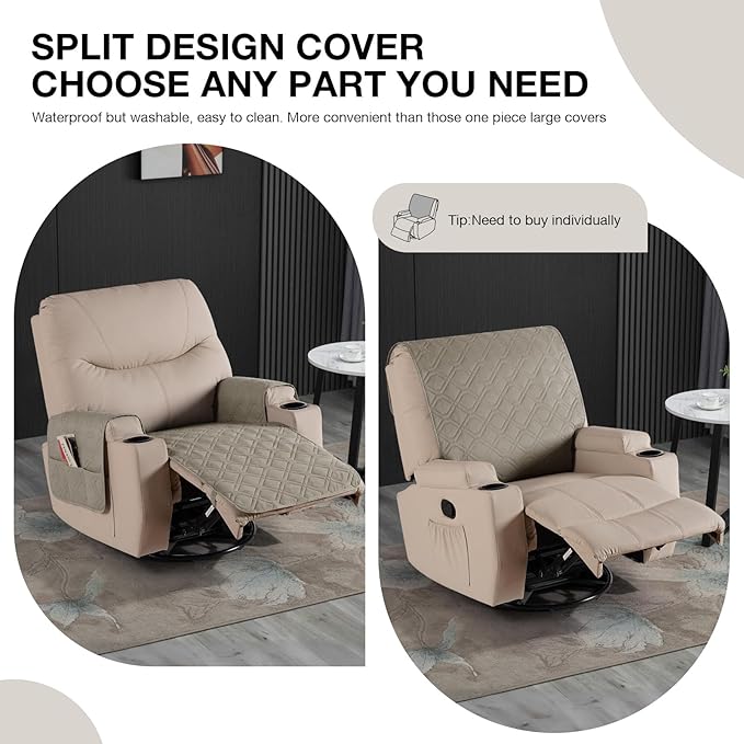 VANSOFY Recliner Chair Covers 100% Waterproof Seat Cover with Arm Reclining Cover Non-Slip Recliner Chair Covers Furniture Protector Washable Slipcover with Pocket for Pets, Dogs(Khaki, 28")