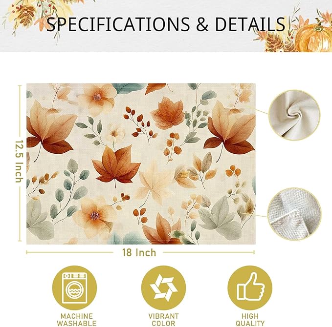 Set of 4 Maple Leaves Fall Placemats Seasonal Autumn Harvest Table Mats for Indoor Outdoor Home Party Dining Decor Farmhouse Burlap Table Mats 12x18 Inch #WP023