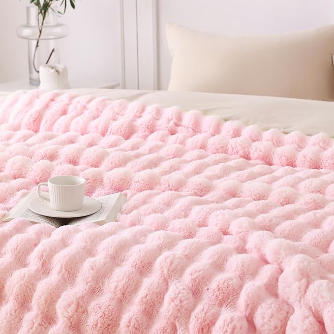 COOVA Faux Fur Throw Blanket for Couch, Cozy Soft and Fuzzy Plush Rabbit Fur Bubble Blanket for Sofa Bedroom Living Room, 50x60 Inches Light Pink
