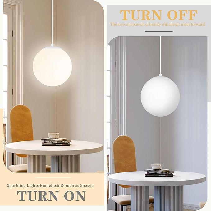 KoKo&Yukina 10" Globe Pendant Light White Plug in Pendant Light Adjustable Hanging Lights with Plug in Cord Matte White Finished with Milk Glass Lampshade for Bedroom Kitchen Island（Bulb Included）
