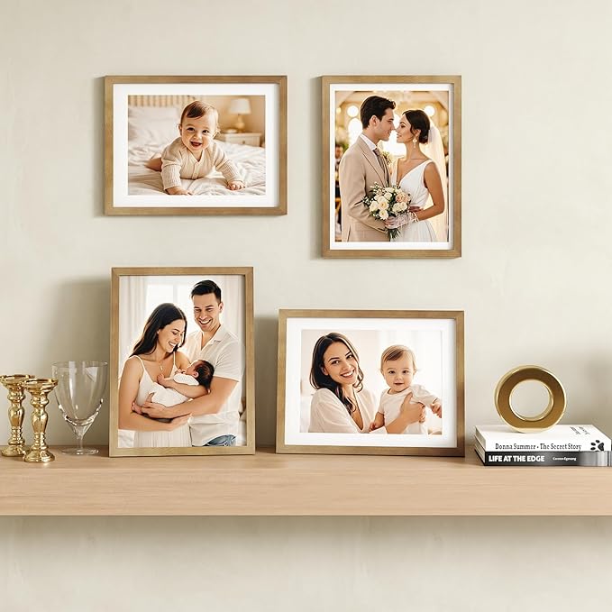 Egofine 12x16 Picture Frame with Plexiglass Made of Solid Wood, Display Pictures 9x12/11x14 with Mat or 12x16 Without Mat Set of 4 for Wall Mounting,Light Brown