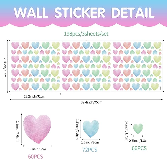 Watercolor Heart Wall Stickers,Colorful Heart Wall Decals,Easy to Peel and Stick Multicolor Heart Wall Decoration for Kids Bedroom Wallpapper Nursery Living Room Classroom Wall Décor