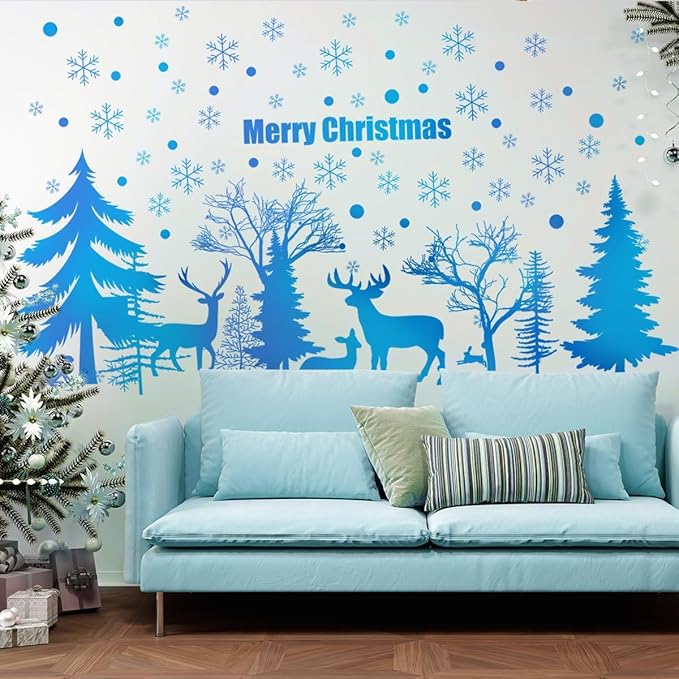 52.87x30.07 Inch Blue Merry Christmas Tree Deer Snowflake Wall Sticker - Removable Forest Animals Art Wall Sticker for Christmas Party Supplies Home Decor