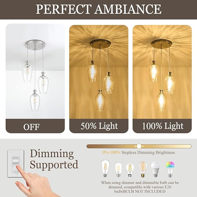 3-Light Pendant Lighting, Modern Brushed Nickel Dining Room Chandelier Light Fixture Over Table with Hammered Glass, Brass Cluster Hanging Lights for Kitchen Island Dining Room Bedroom, E26