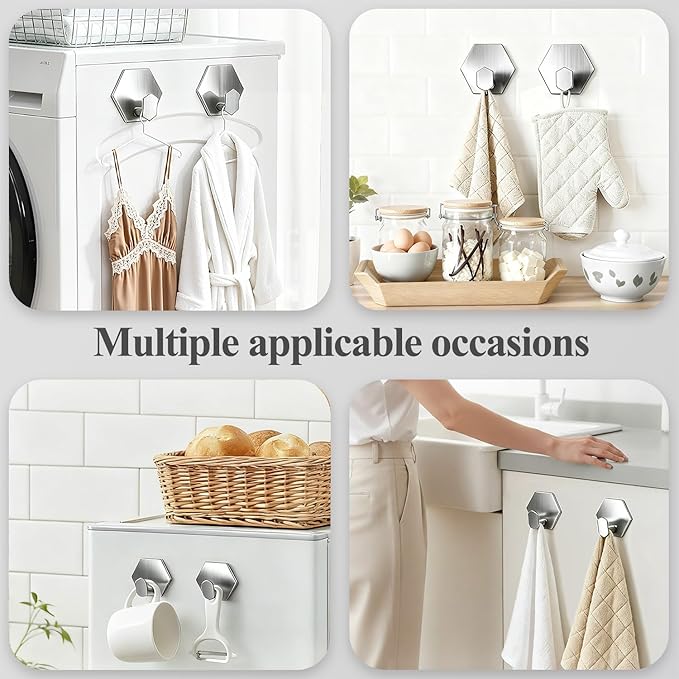 Adhesive Towel Hooks Heavy Duty Wall hooks Waterproof Stainless Steel Shower Rack for Coat, Key, Hat, Robe, Clothes, Picture Hanging Towel Hooks for Bathrooms Kitchen Door (4-Pack, Brushed Silver)