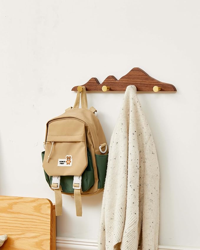 Wood Coat Hooks Wall Mount - Wooden Coat Rack with 4 Gold Brass Hooks for Entryway Bathroom Bedroom, Modern Decorative Wall Hooks Heavy Duty Organizer for Hanging Clothes Hats Bags Robes Towels Purse