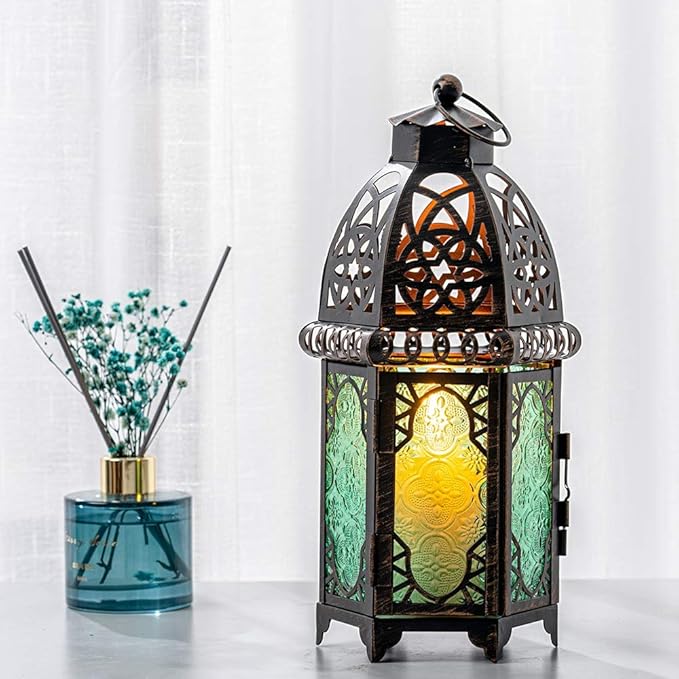 DECORKEY Moroccan Decorations for Home, 12.8’’ Vintage Metal Tabletop Candle Lantern, Spring Style Decorative Hanging Lantern, Christmas Halloween Candle Holders for Indoor Outdoor Patio Decor (Green)