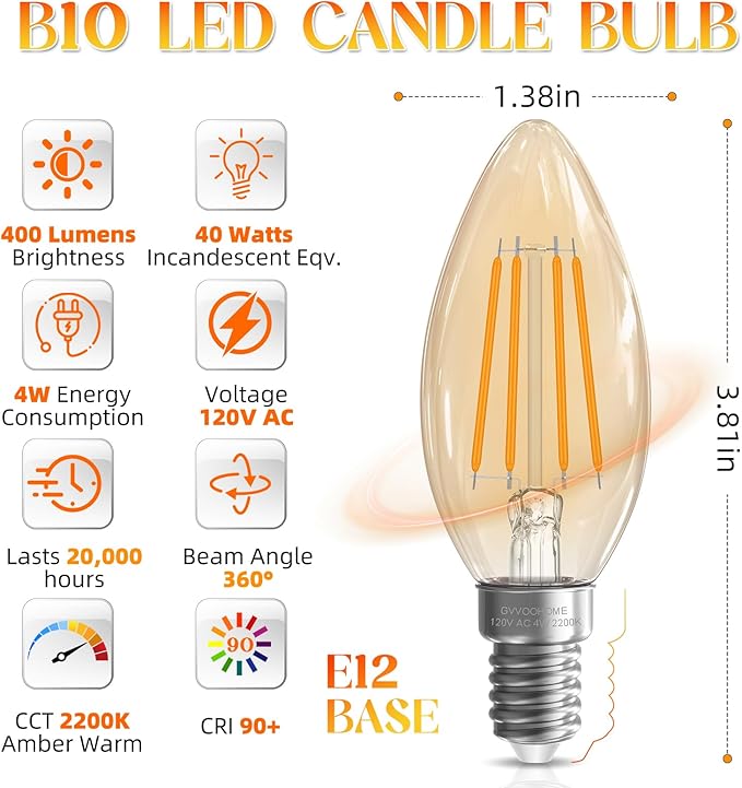 LED Candelabra Light Bulbs,4W, 40 watt Equivalent, E12 Bulb Non-Dimmable, 2200K Amber Warm Chandelier Bulb, B10 Candle Light Bulb, 90+CRI, 400LM, Amber Glass Finish, 6 Pack