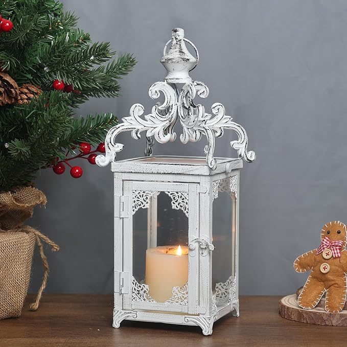DECORKEY Large Candle Lantern, Decorative Hanging Lantern, Vintage Metal Tabletop Lantern for Outdoor Patio Rustic Home Decor, Candle Holders with Clear Glass (White)