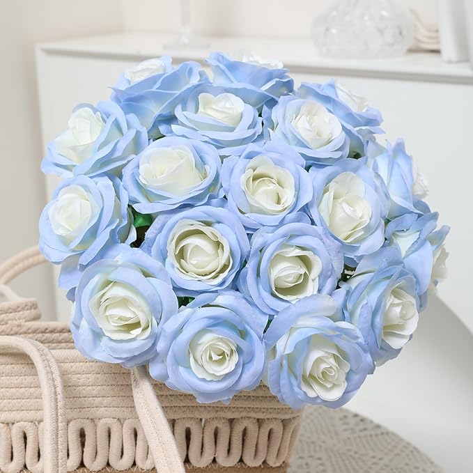 Nubry Artificial Silk Rose Flower Bouquet Lifelike Fake Rose for Wedding Home Party Decoration Event Gift 10pcs (Gradient Light Blue)