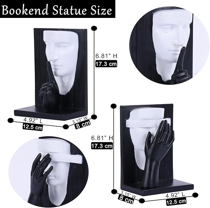 Abstract Face Sculpture Bookends Set of 2 – Modern Black and White Art Book Ends, Unique Decorative Statues for Bookshelf, Home Office & Library Decor (Black White)