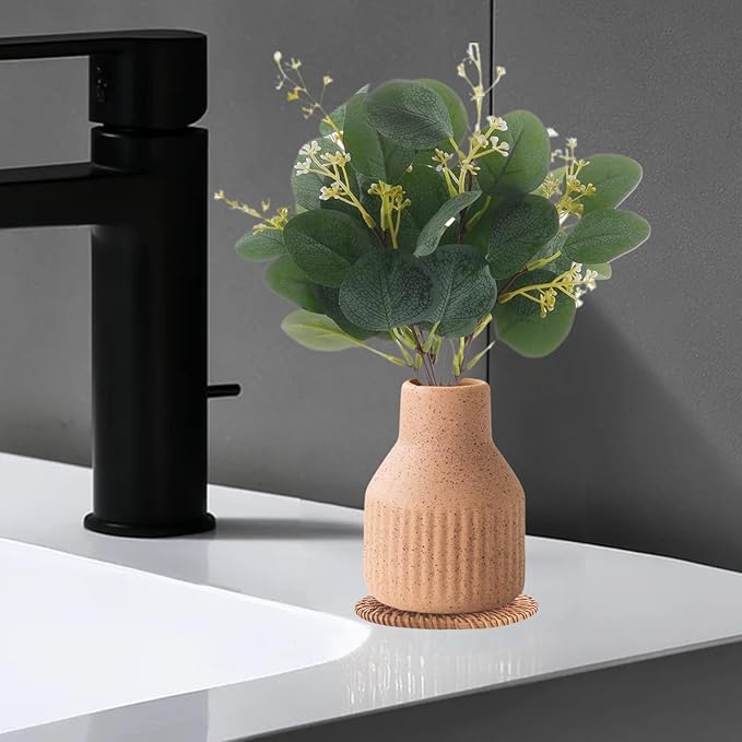 Artificial Eucalyptus Greenery Stems in Ceramic Vase 10Pcs Fake Plants Eucalyptus Leaves for Centerpiece Table Decorations Home Room Decor Office Desk Decor Greenery Decor Indoor (Beige)