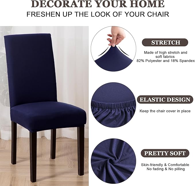 Sufdari Dining Chair Covers,Kitchen Chair Cover,Parsons Chair Slipcover,Spandex Chair Protectors for Dining Room Stretch Chairs Cover Set of 6 -Navy Blue