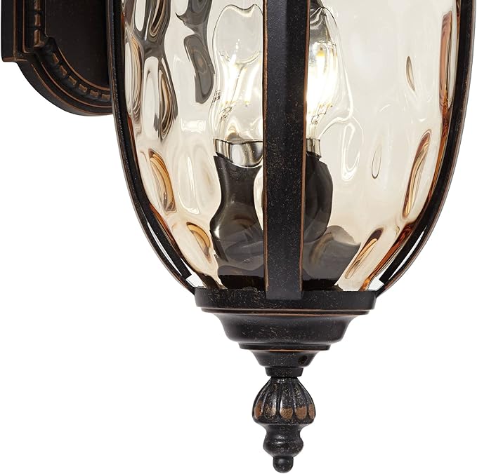 John Timberland Bellagio Vintage Outdoor Wall Light Fixture Bronze Brown Metal 20 1/2" Champagne Hammered Glass Curved Arm for House Porch Patio Outside Deck Garage Yard Front Door Garden Home