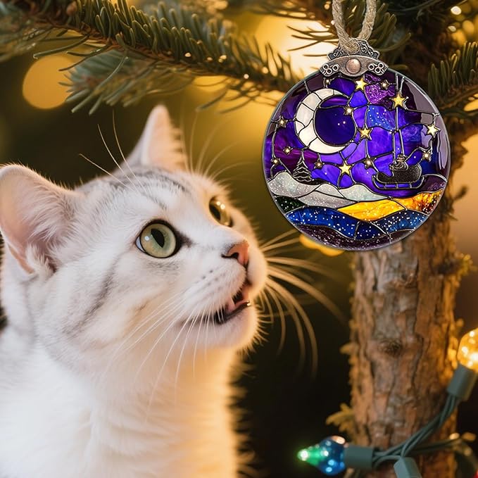 Stained Glass Christmas Decorations,Purple Night Scene with Stars Moon Suncatcher for Window Christmas Tree Hanging Ornaments Sun Catcher Xmas Decor Gifts for Women Men Mom Nana Friend